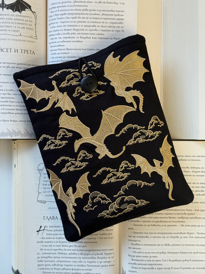 Handmade Gold Embroidery Dragons Book Sleeve – Padded Fabric Cover for Books, Kindle & E-Readers