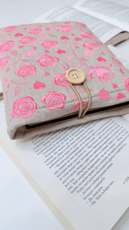 Pink Embroidery Roses Book Sleeve – Handmade Padded Linen Cover for Books and E-Readers