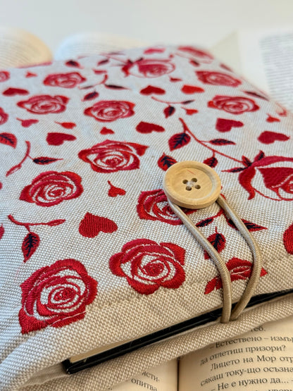 Handmade Embroidery Red Roses Book Sleeve, Fabric Book Protector