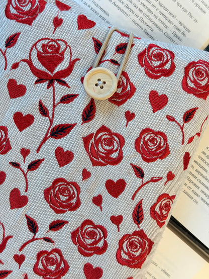 Handmade Embroidery Red Roses Book Sleeve, Fabric Book Protector