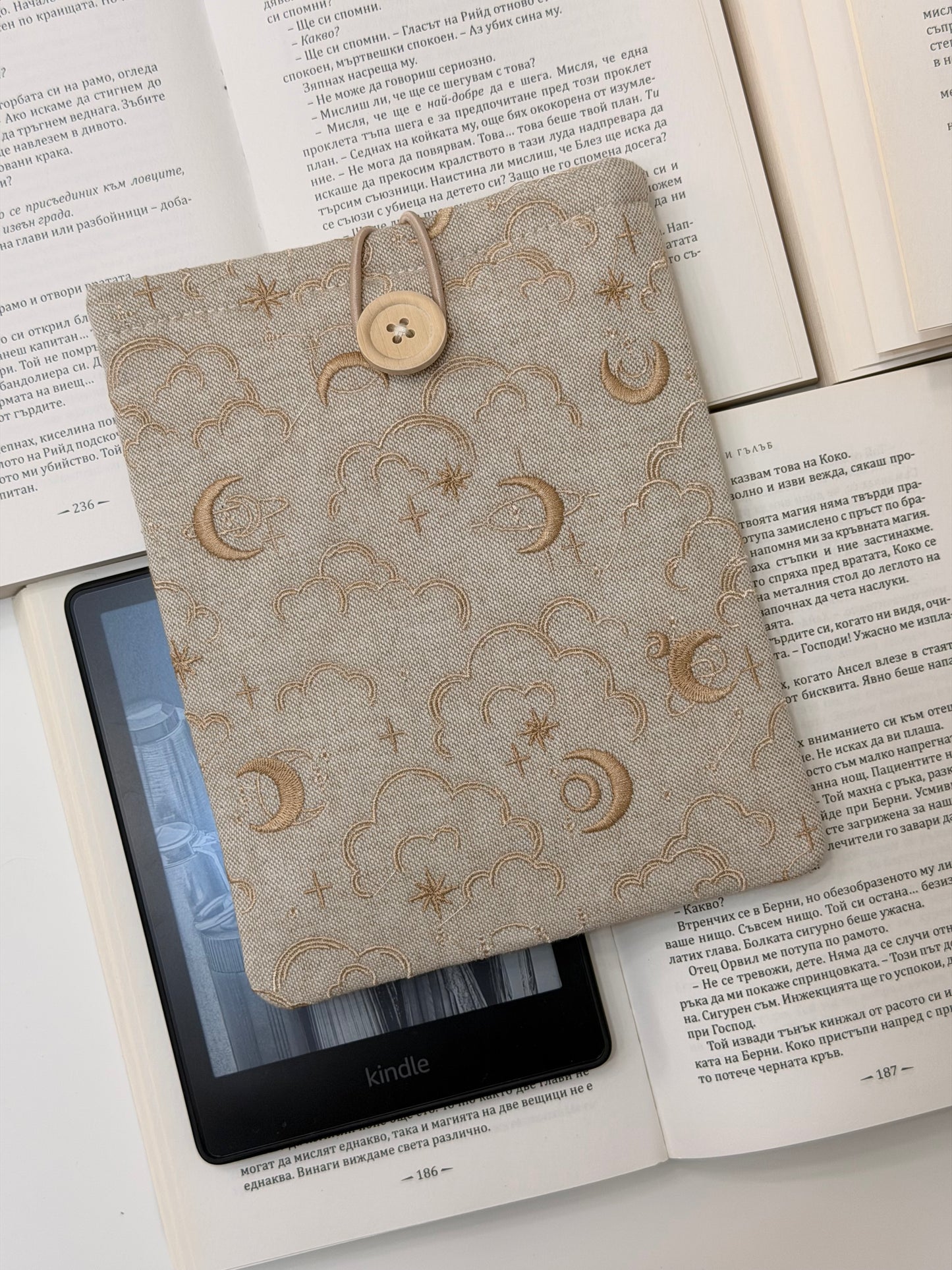 Embroidery Celestial Kindle Sleeve, Moon and Stars Padded E-Reader Cover | Handmade Book Sleeve by Lullaby Crafts World