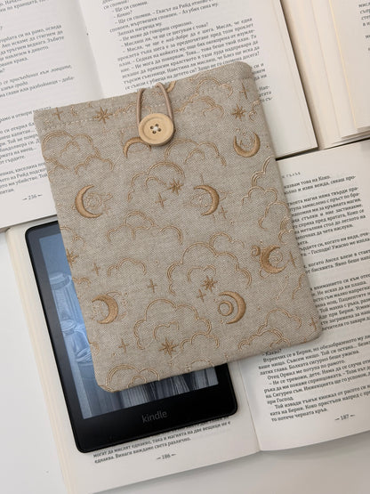 Embroidery Celestial Kindle Sleeve, Moon and Stars Padded E-Reader Cover | Handmade Book Sleeve by Lullaby Crafts World