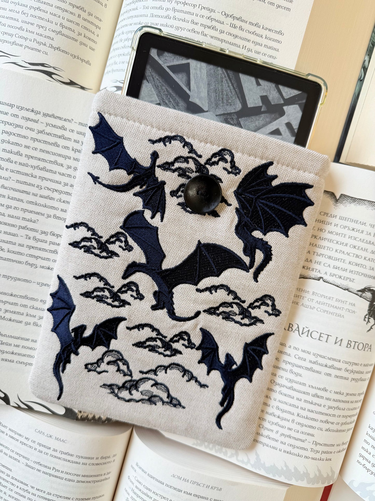 Handmade Linen Embroidery Dragons Kindle Sleeve – Padded E-Reader Cover, Fabric Book Protector