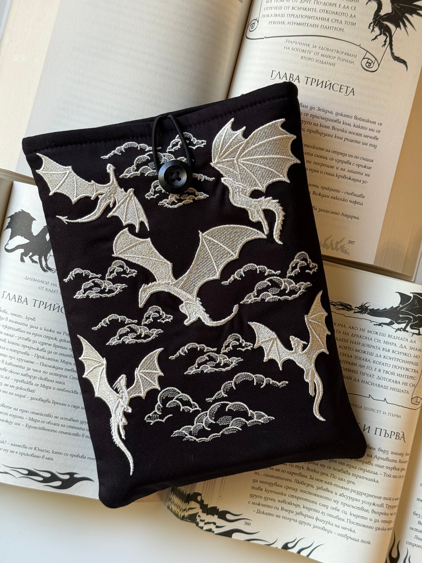Handmade Gold Embroidery Dragons Book Sleeve – Fantasy Padded Fabric Cover for Books, Kindle & E-Readers