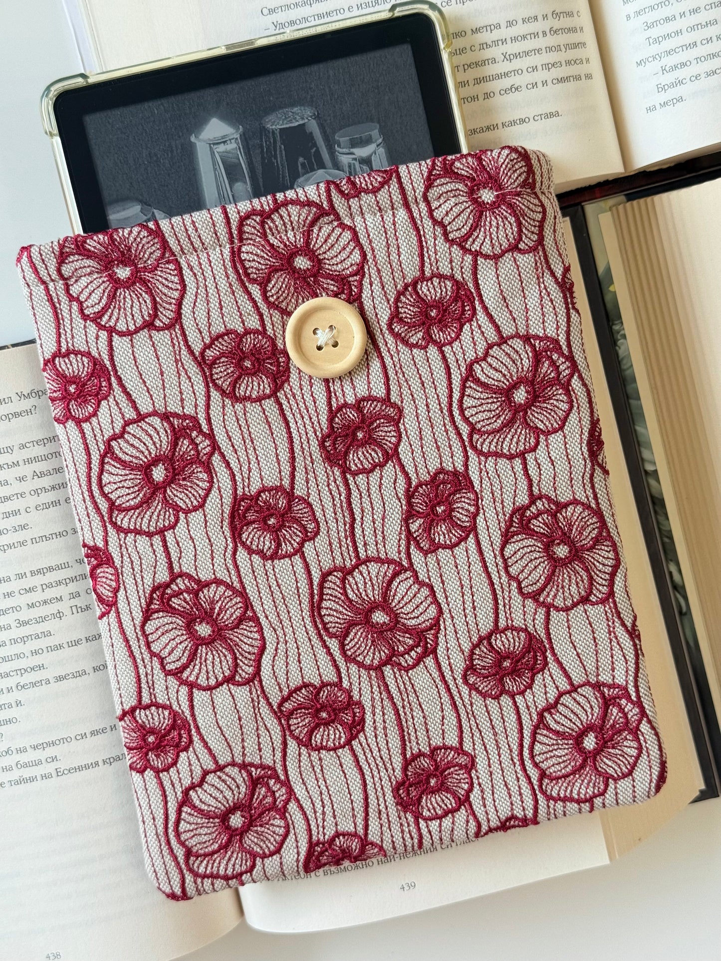 Handmade Dark Red Embroidery Poppy Flower Kindle Sleeve – Padded E-Reader Protector, Floral Book Cover