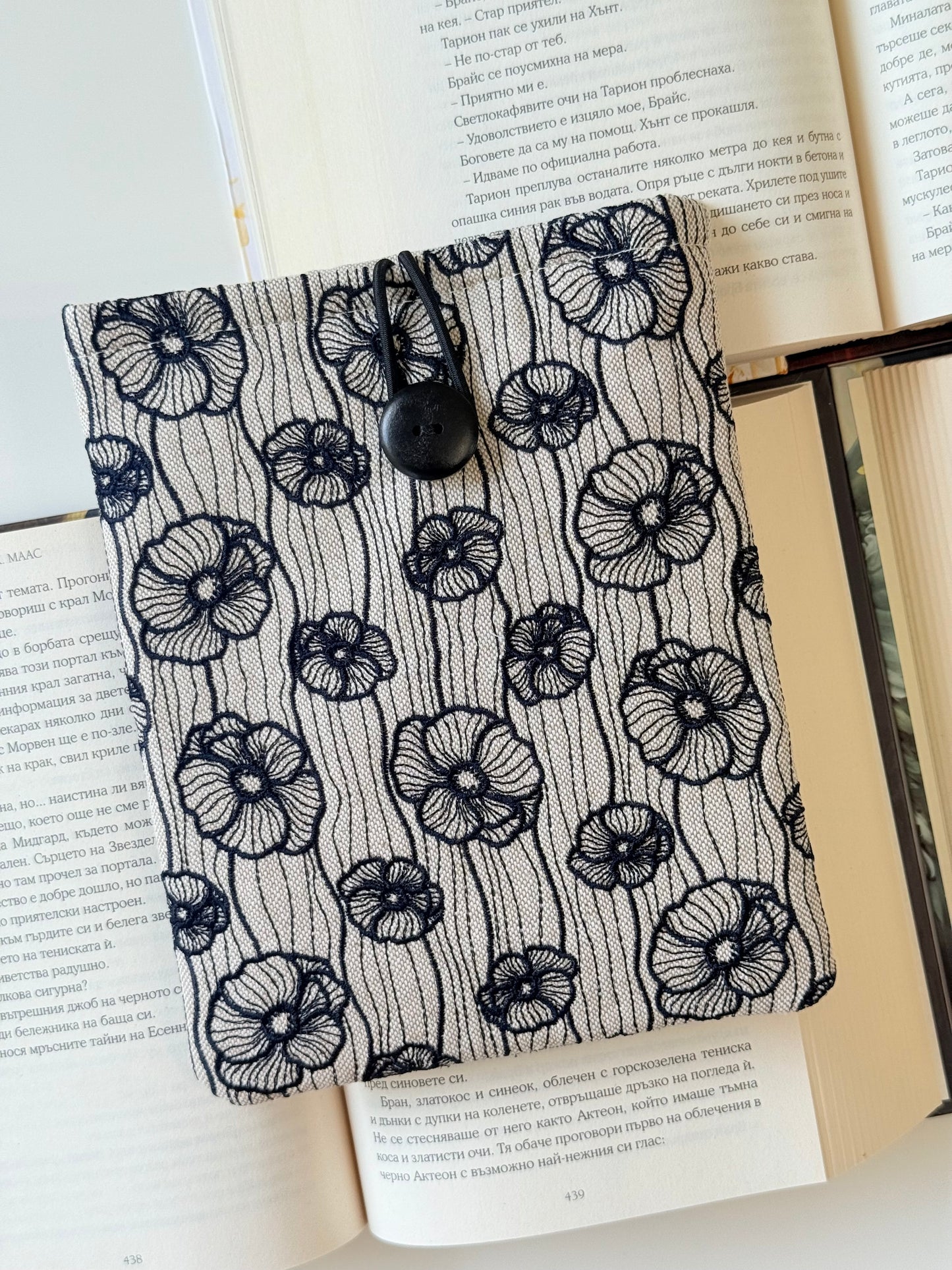 Handmade Embroidery Poppy Flower Kindle Sleeve – Padded E-Reader Protector, Floral Book Cover