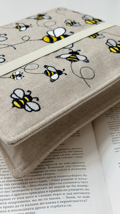 Embroidery Bumblebee Double Book Cover – Handmade Padded Sleeve for Two Books with Elastic Closure