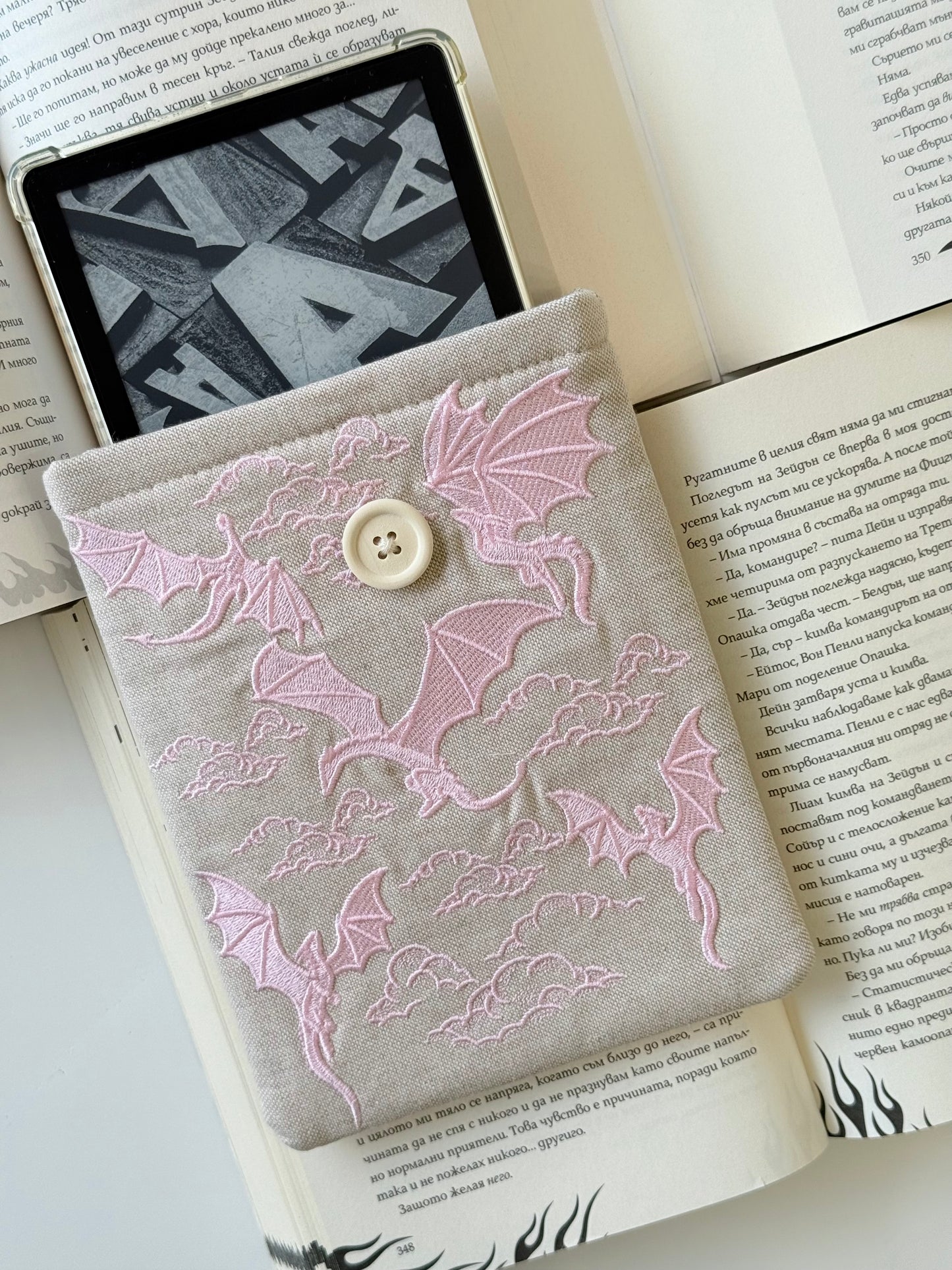 Handmade Embroidery Dragons Kindle Sleeve – Padded E-Reader Cover, Fabric Book Protector