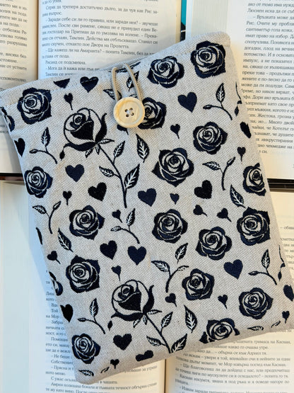 Handmade Black Embroidery Roses Book Sleeve – Gothic Floral Padded Cover for Books, Kindle & E-Readers