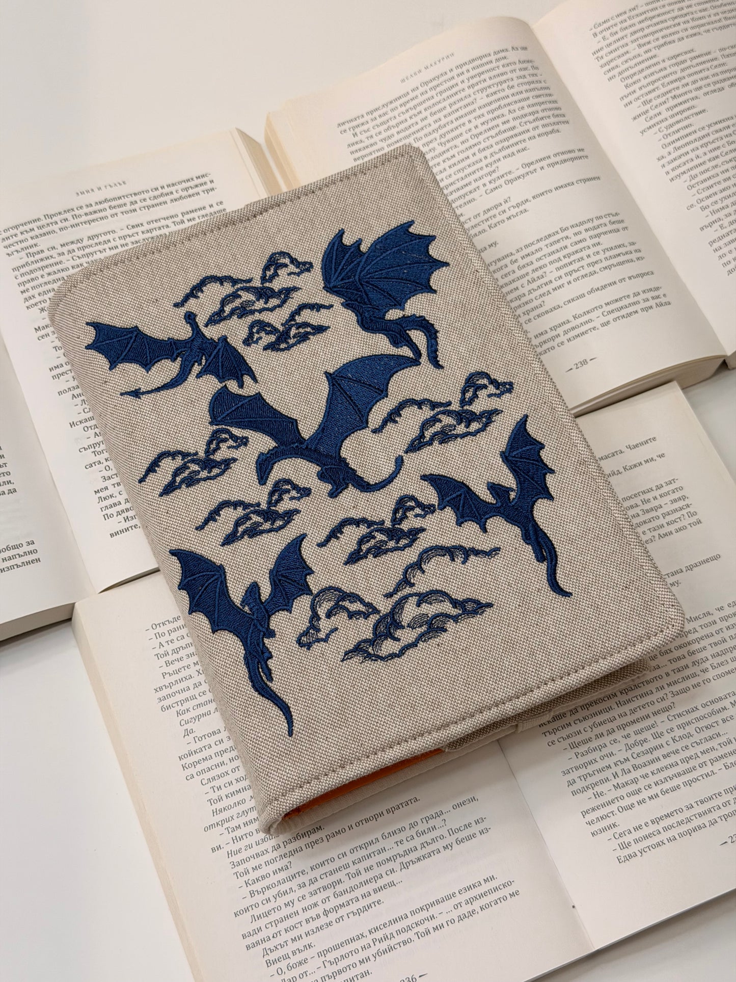 Embroidery Dragons Adjustable Book Cover – Handmade Padded Linen Sleeve with Elastic Closure