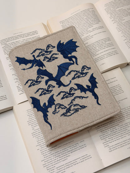 Embroidery Dragons Adjustable Book Cover – Handmade Padded Linen Sleeve with Elastic Closure