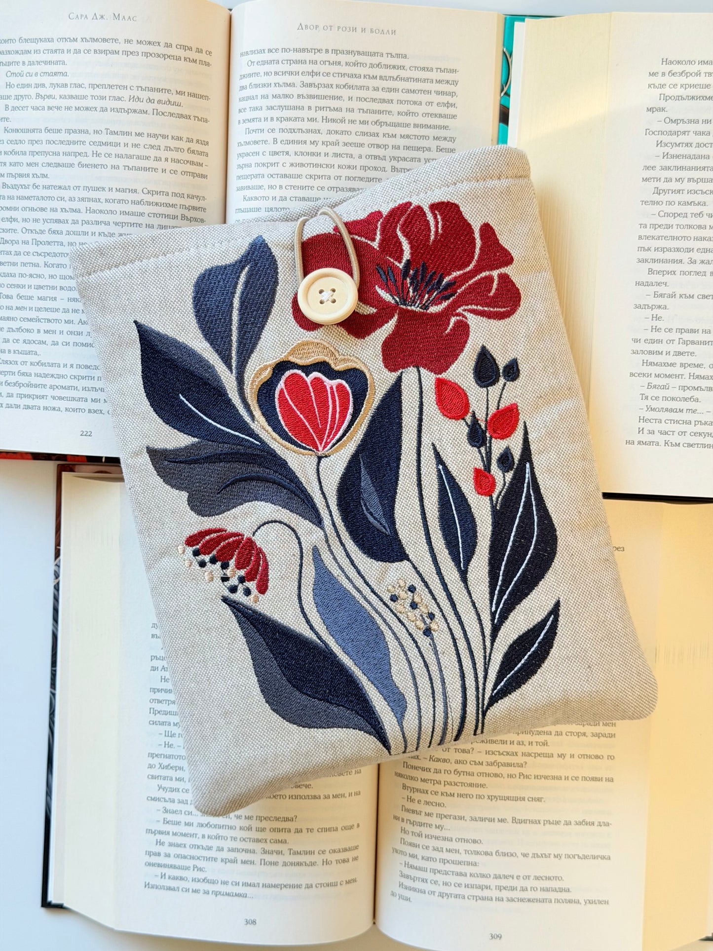Handmade Embroidery Flower Book Sleeve, Padded Fabric Cover for Books, Kindle & E-Readers