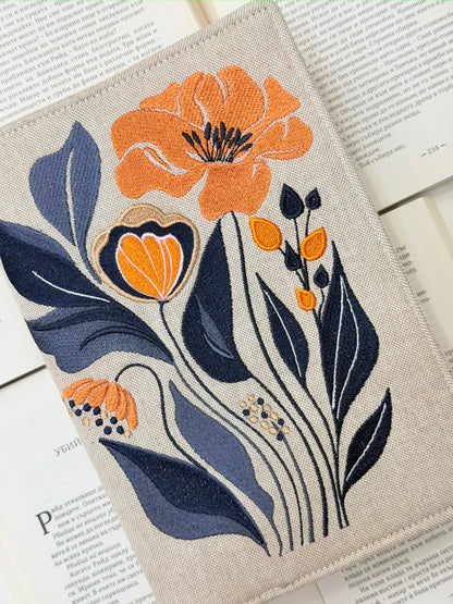 Embroidery Flower Adjustable Book Cover – Floral Handmade Padded Book Sleeve with Elastic Closure
