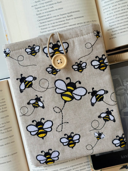 Embroidery Bumblebee Kindle Sleeve, Handmade Padded E-Reader Cover, Bee Pattern Book Protector