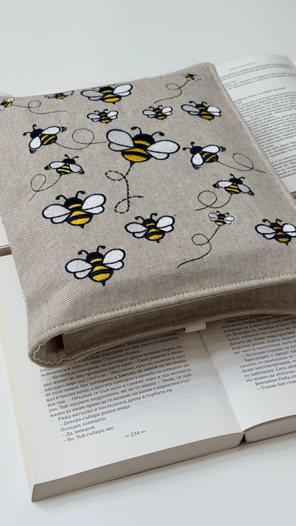 Embroidery Bumblebee Double Book Cover – Handmade Padded Sleeve for Two Books with Elastic Closure