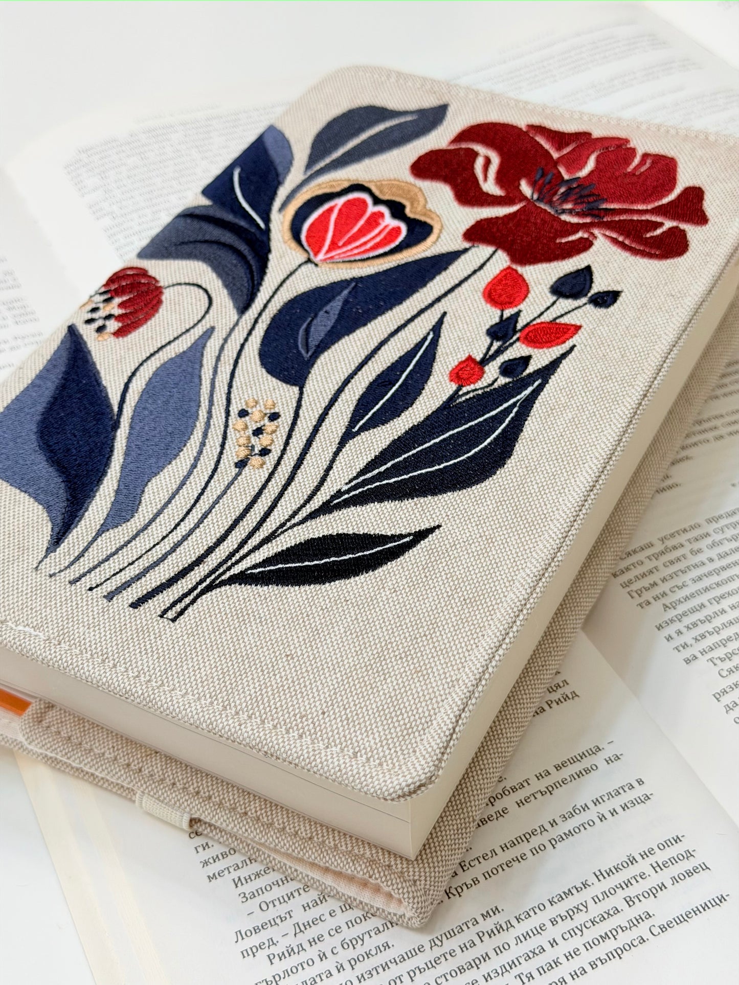 Embroidery Elegant Flower Adjustable Book Cover – Floral Handmade Padded Book Sleeve with Elastic Closure