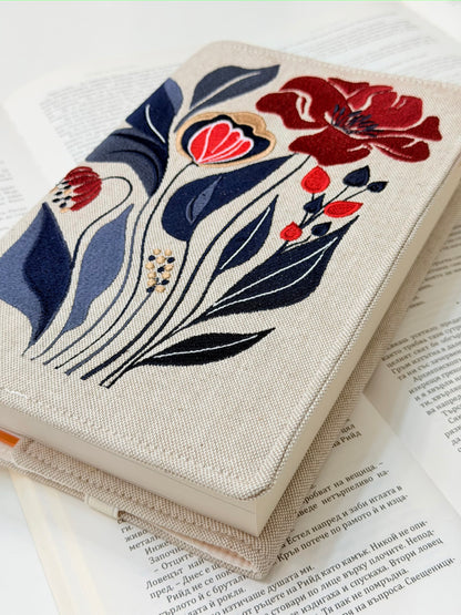 Embroidery Elegant Flower Adjustable Book Cover – Floral Handmade Padded Book Sleeve with Elastic Closure