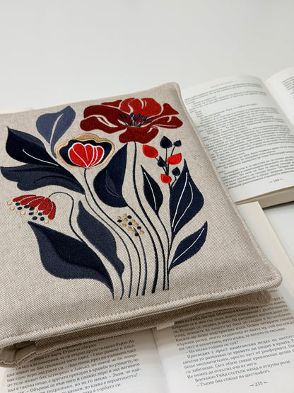 Embroidery Flower Double Book Cover – Handmade Elastic Closure Sleeve for Two Books