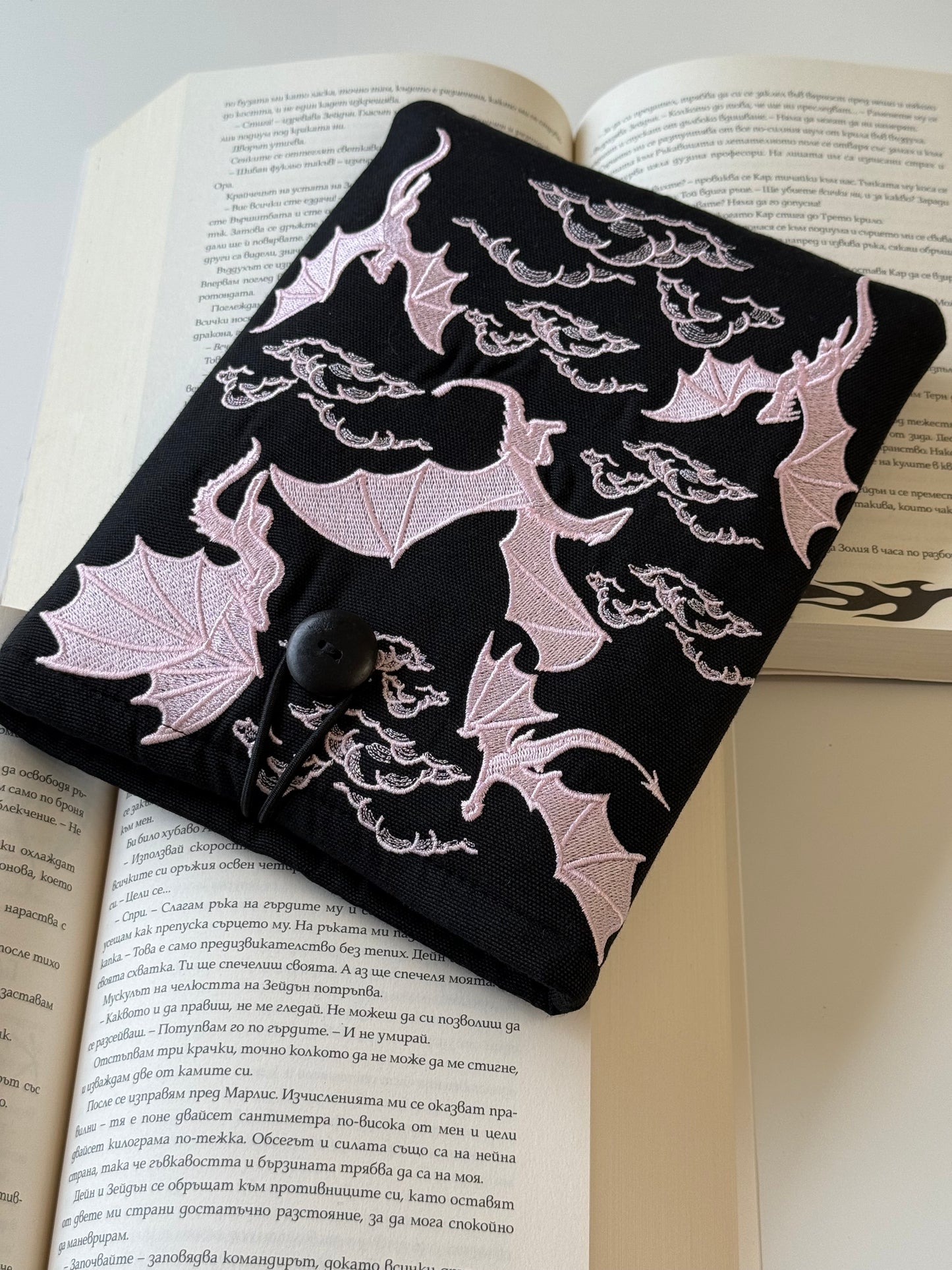 Handmade Gold Embroidery Dragons Book Sleeve – Fantasy Padded Fabric Cover for Books, Kindle & E-Readers