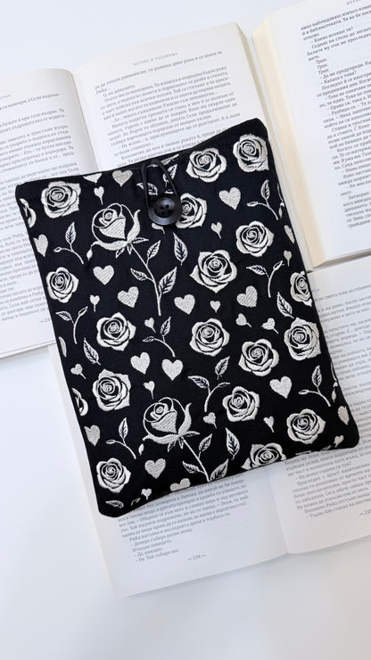 Embroidery Gothic Roses Book Sleeve – Handmade Padded Linen Cover for Books and E-Readers