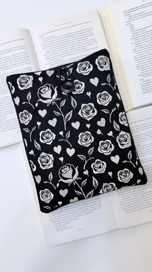 Embroidery Gothic Roses Book Sleeve – Handmade Padded Linen Cover for Books and E-Readers