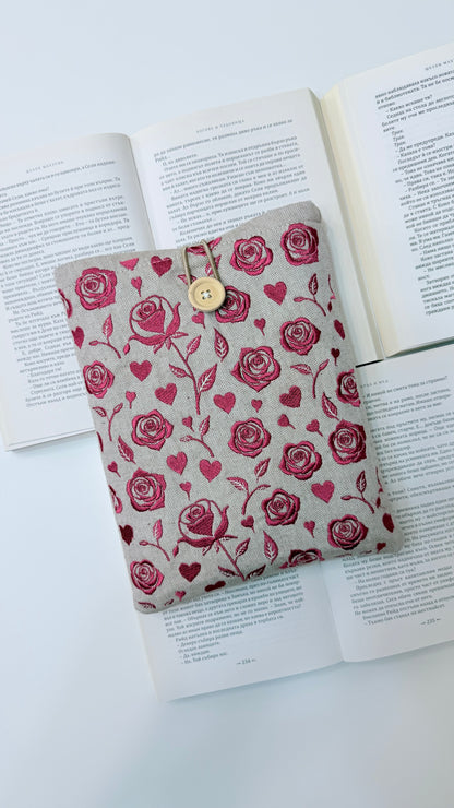 Embroidery Roses Book Sleeve – Handmade Padded Linen Cover for Books and E-Readers