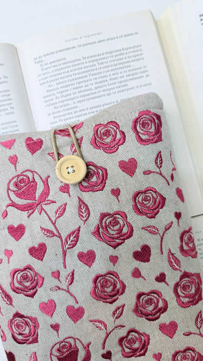 Embroidery Roses Book Sleeve – Handmade Padded Linen Cover for Books and E-Readers