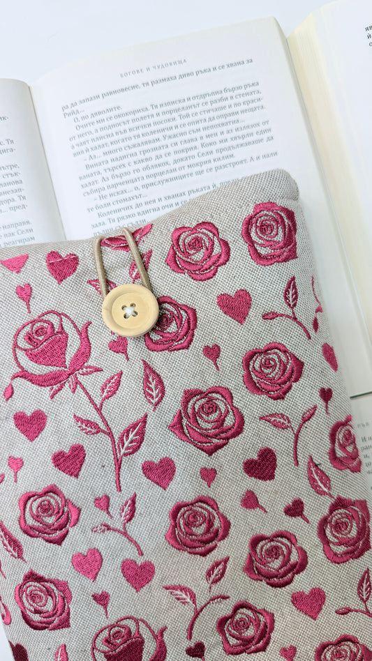 Embroidery Roses Book Sleeve – Handmade Padded Linen Cover for Books and E-Readers