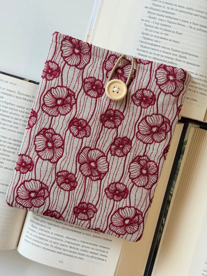 Handmade Dark Red Embroidery Poppy Flower Kindle Sleeve – Padded E-Reader Protector, Floral Book Cover