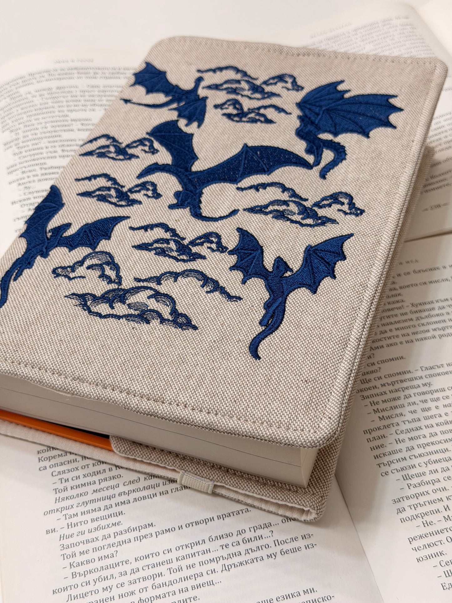 Embroidery Dragons Adjustable Book Cover – Handmade Padded Linen Sleeve with Elastic Closure