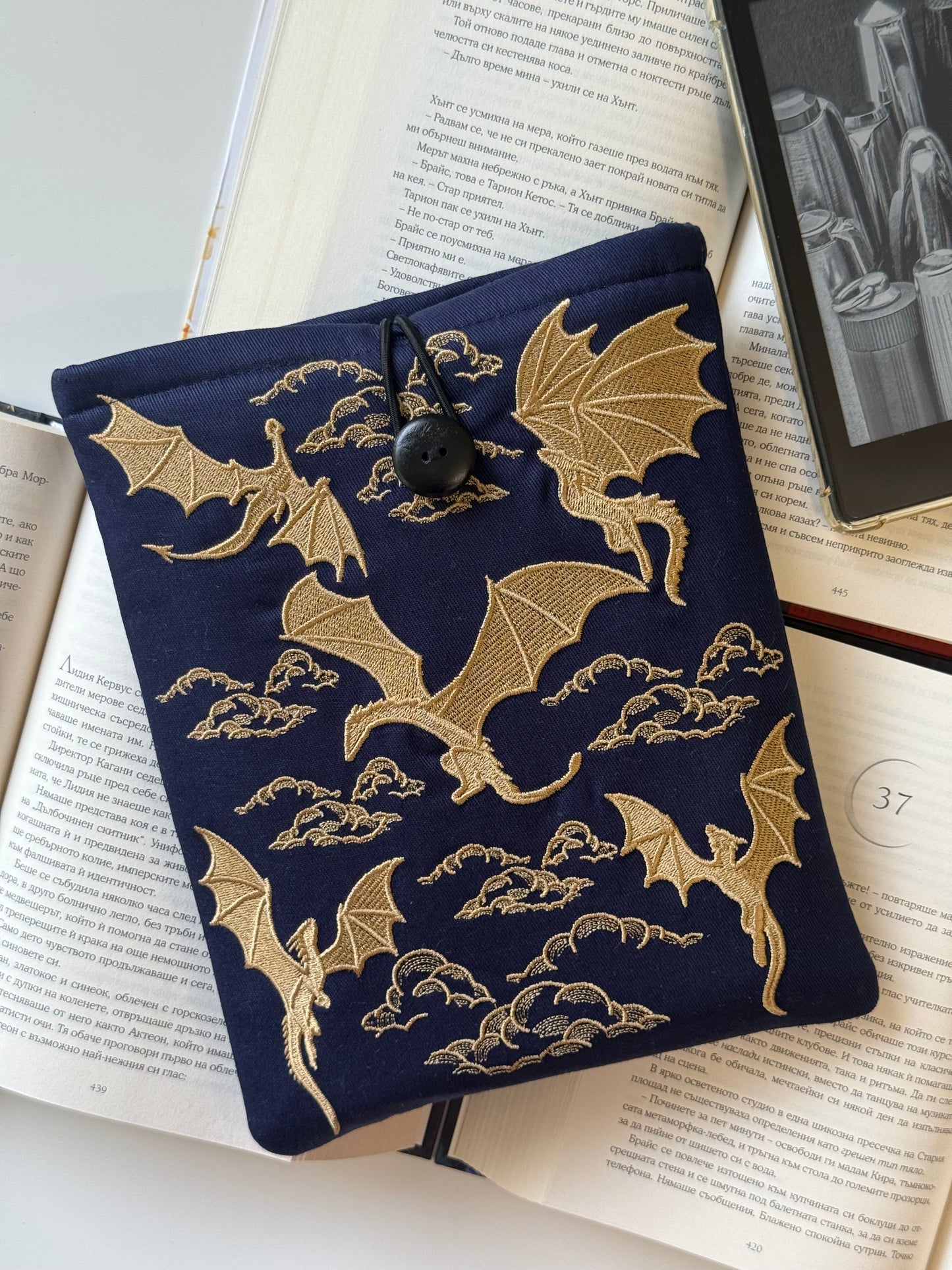 Handmade Embroidery Navy Gold Dragons Kindle Sleeve – Padded E-Reader Cover, Fabric Book Protector