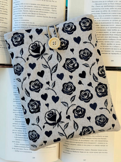 Handmade Black Embroidery Roses Book Sleeve – Gothic Floral Padded Cover for Books, Kindle & E-Readers