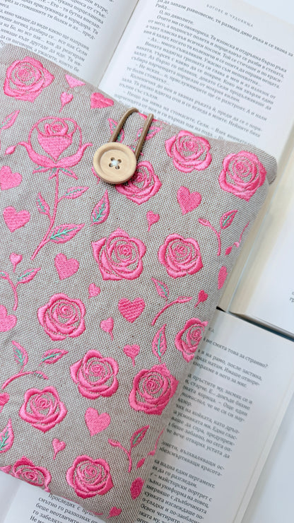 Pink Embroidery Roses Book Sleeve – Handmade Padded Linen Cover for Books and E-Readers