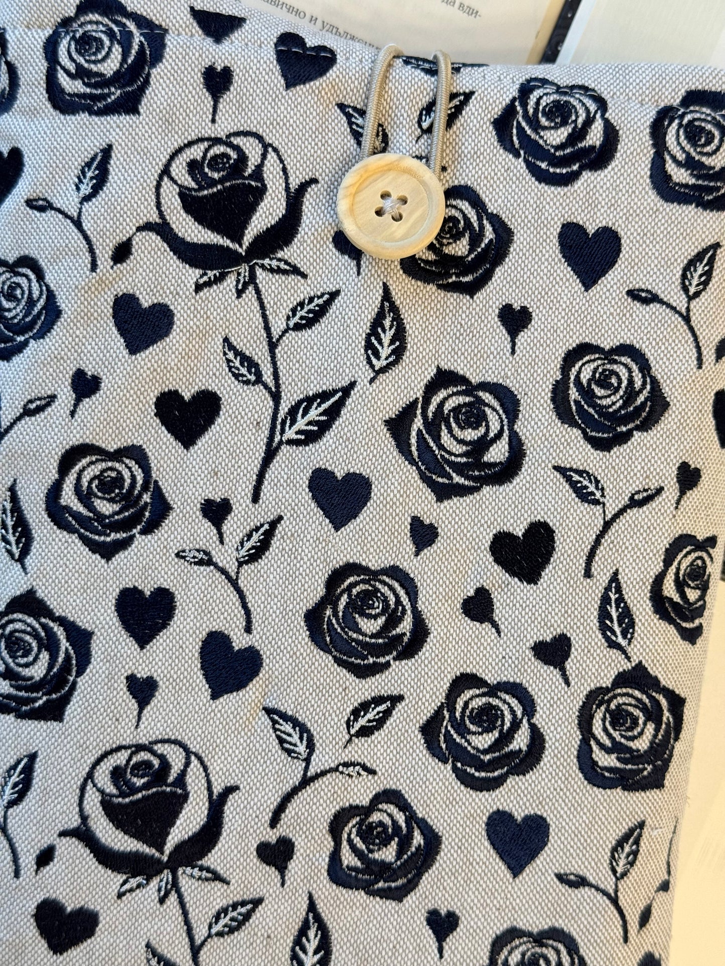 Handmade Black Embroidery Roses Book Sleeve – Gothic Floral Padded Cover for Books, Kindle & E-Readers