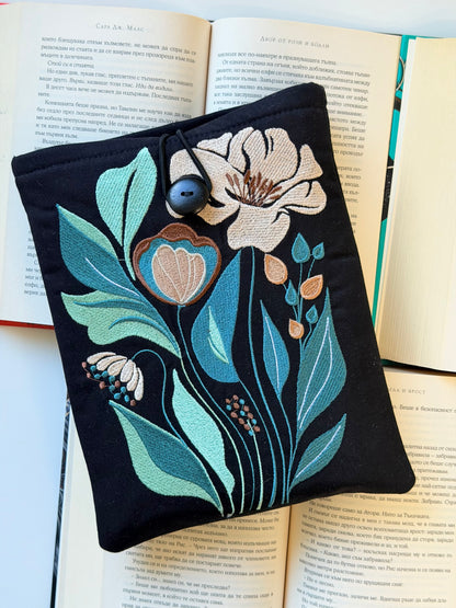 Embroidery Flower Book Sleeve, Handmade Floral Padded Book Protector