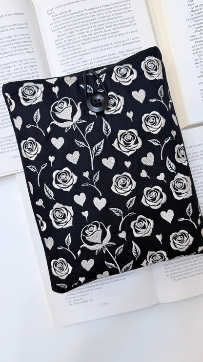 Embroidery Gothic Roses Book Sleeve – Handmade Padded Linen Cover for Books and E-Readers