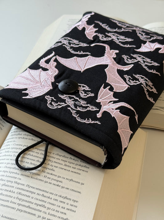 Handmade Gold Embroidery Dragons Book Sleeve – Fantasy Padded Fabric Cover for Books, Kindle & E-Readers