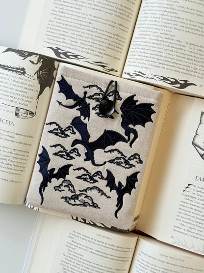 Handmade Linen Embroidery Dragons Kindle Sleeve – Padded E-Reader Cover, Fabric Book Protector