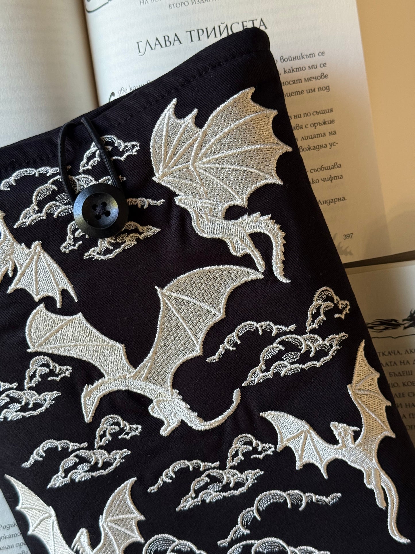 Handmade Gold Embroidery Dragons Book Sleeve – Fantasy Padded Fabric Cover for Books, Kindle & E-Readers