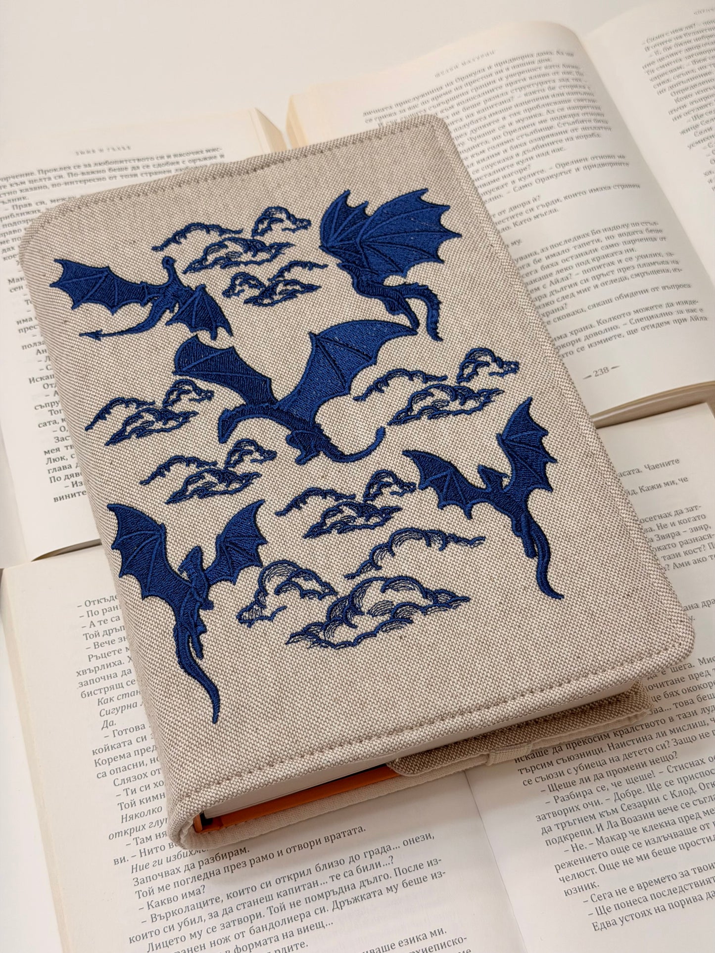 Embroidery Dragons Adjustable Book Cover – Handmade Padded Linen Sleeve with Elastic Closure
