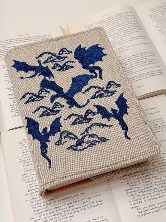 Embroidery Dragons Adjustable Book Cover – Handmade Padded Linen Sleeve with Elastic Closure