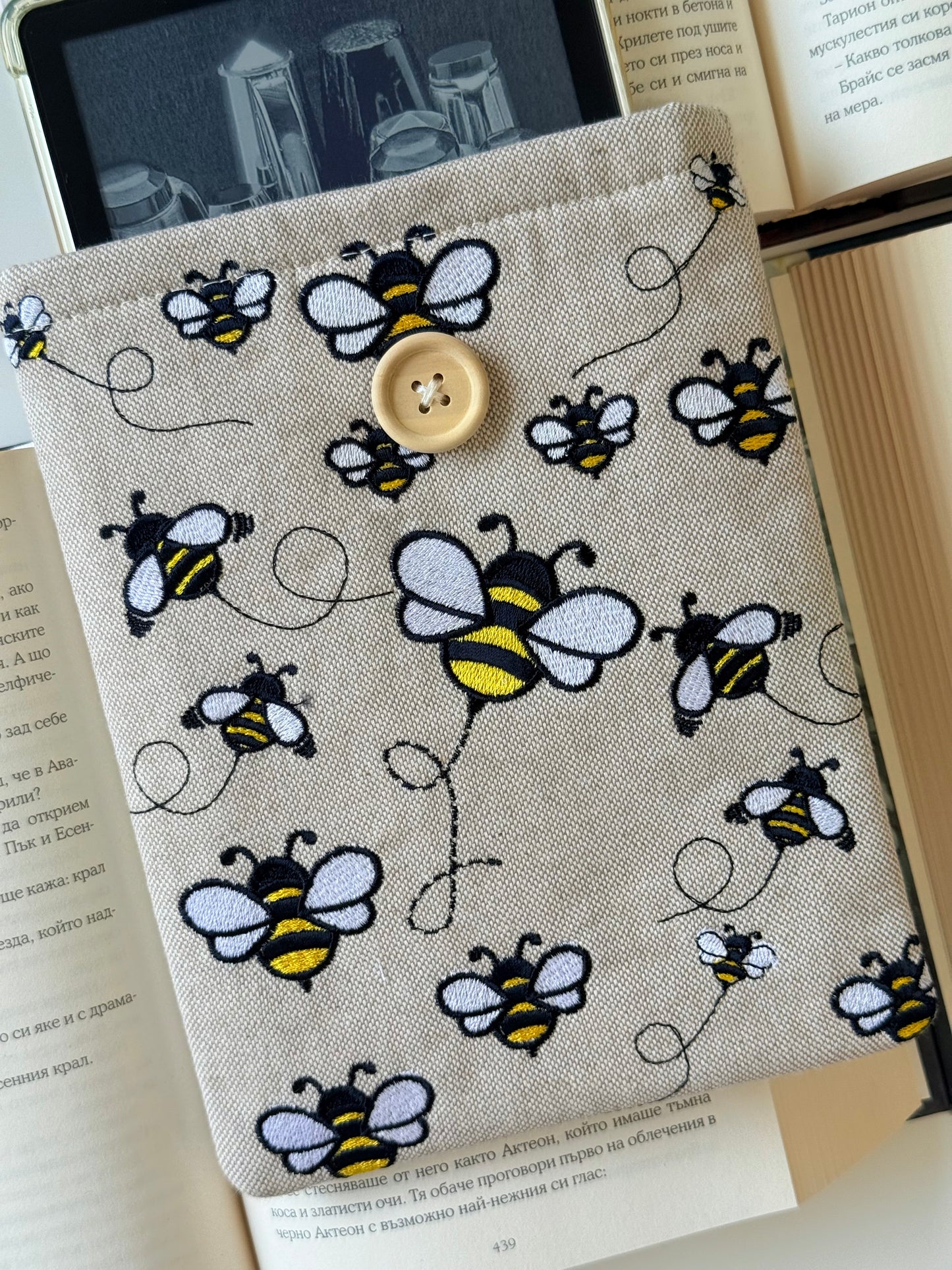 Embroidery Bumblebee Kindle Sleeve, Handmade Padded E-Reader Cover, Bee Pattern Book Protector
