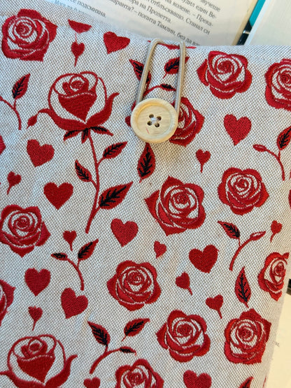 Handmade Embroidery Red Roses Book Sleeve, Fabric Book Protector