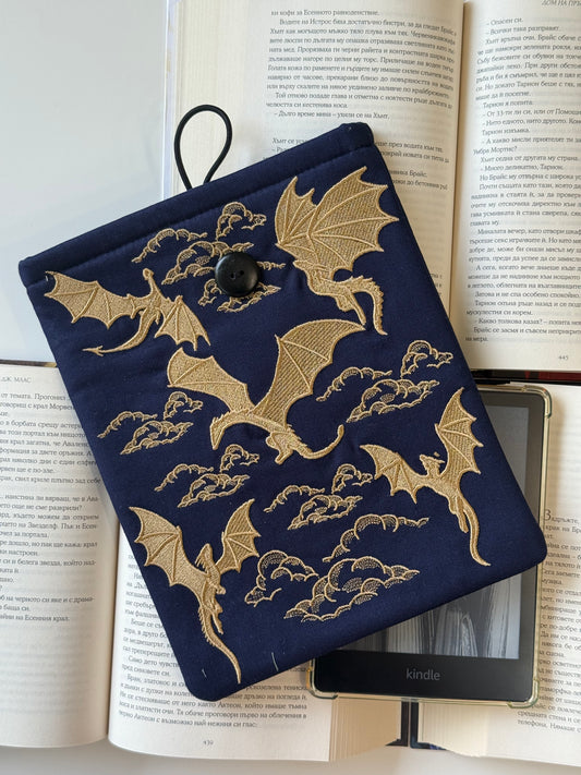 Handmade Embroidery Navy Gold Dragons Kindle Sleeve – Padded E-Reader Cover, Fabric Book Protector