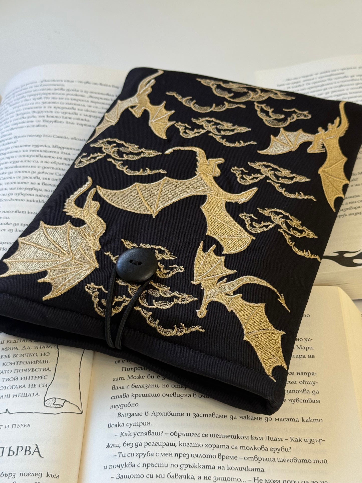 Handmade Gold Embroidery Dragons Book Sleeve – Padded Fabric Cover for Books, Kindle & E-Readers