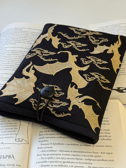 Handmade Gold Embroidery Dragons Book Sleeve – Padded Fabric Cover for Books, Kindle & E-Readers