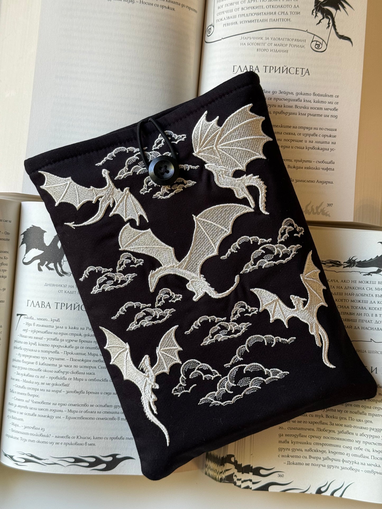 Handmade Gold Embroidery Dragons Book Sleeve – Fantasy Padded Fabric Cover for Books, Kindle & E-Readers