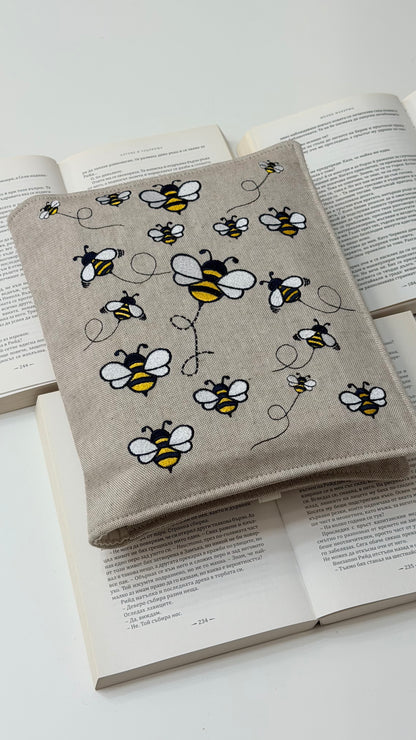 Embroidery Bumblebee Double Book Cover – Handmade Padded Sleeve for Two Books with Elastic Closure