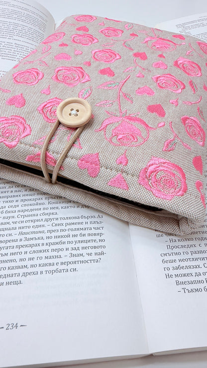 Pink Embroidery Roses Book Sleeve – Handmade Padded Linen Cover for Books and E-Readers