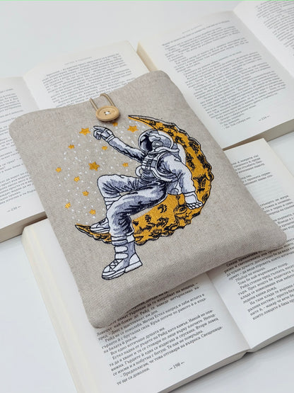 Embroidered Astronaut Book Sleeve – Padded Linen Book Cover, Cosmic Moon & Stars Design by Lullaby Crafts World